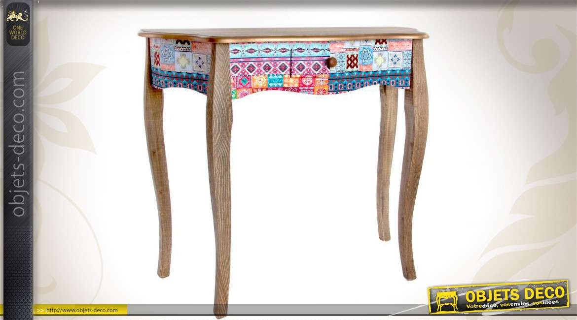 Console en bois avec tiroir et ornée de motifs ethniques colorés