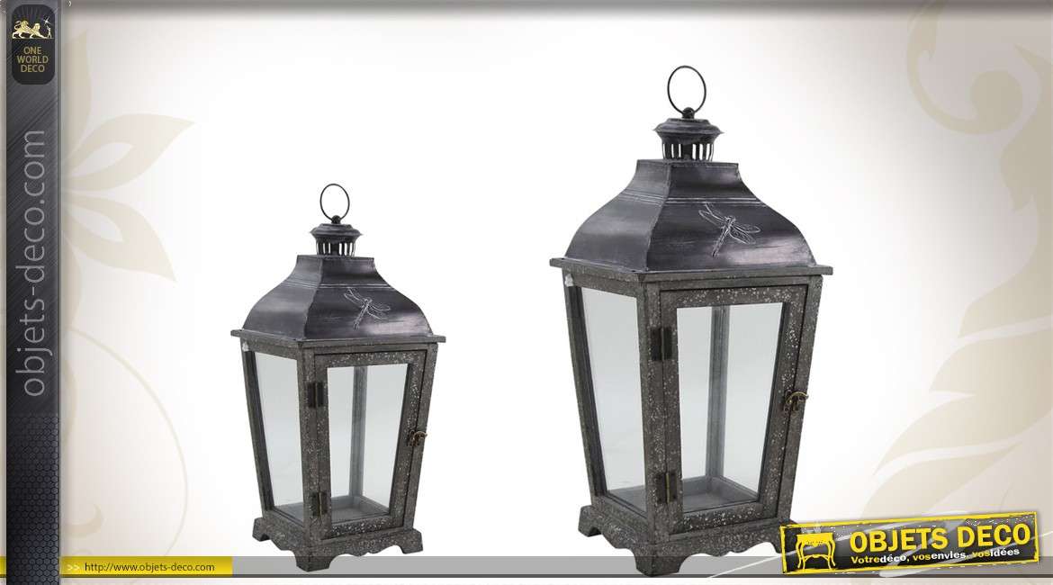 Duo de lanternes vintages en bois, verre et métal, motif libellule