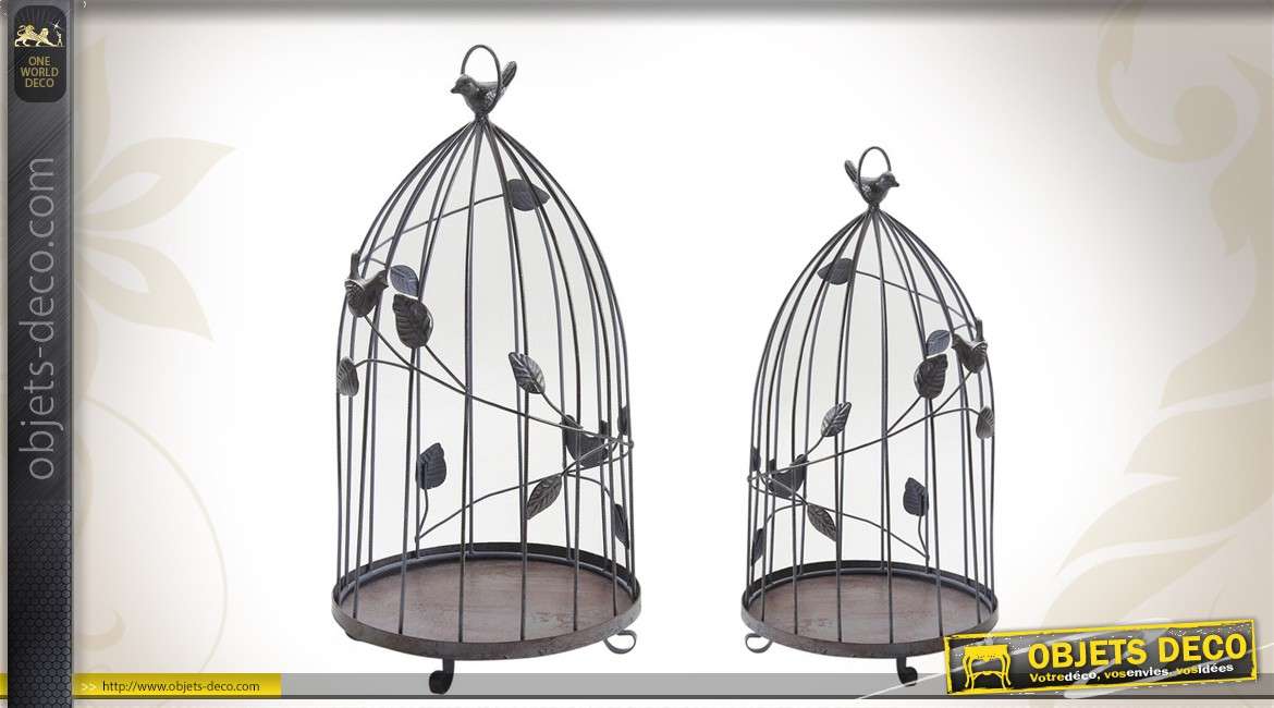 Duo de cages à oiseaux déco en métal vieilli