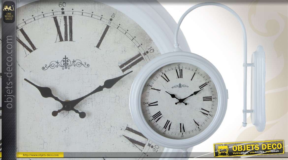 Horloge murale à cadran double sur potence coloris blanc