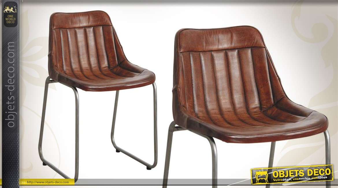 Chaise en métal de style vintage avec coque en cuir patiné