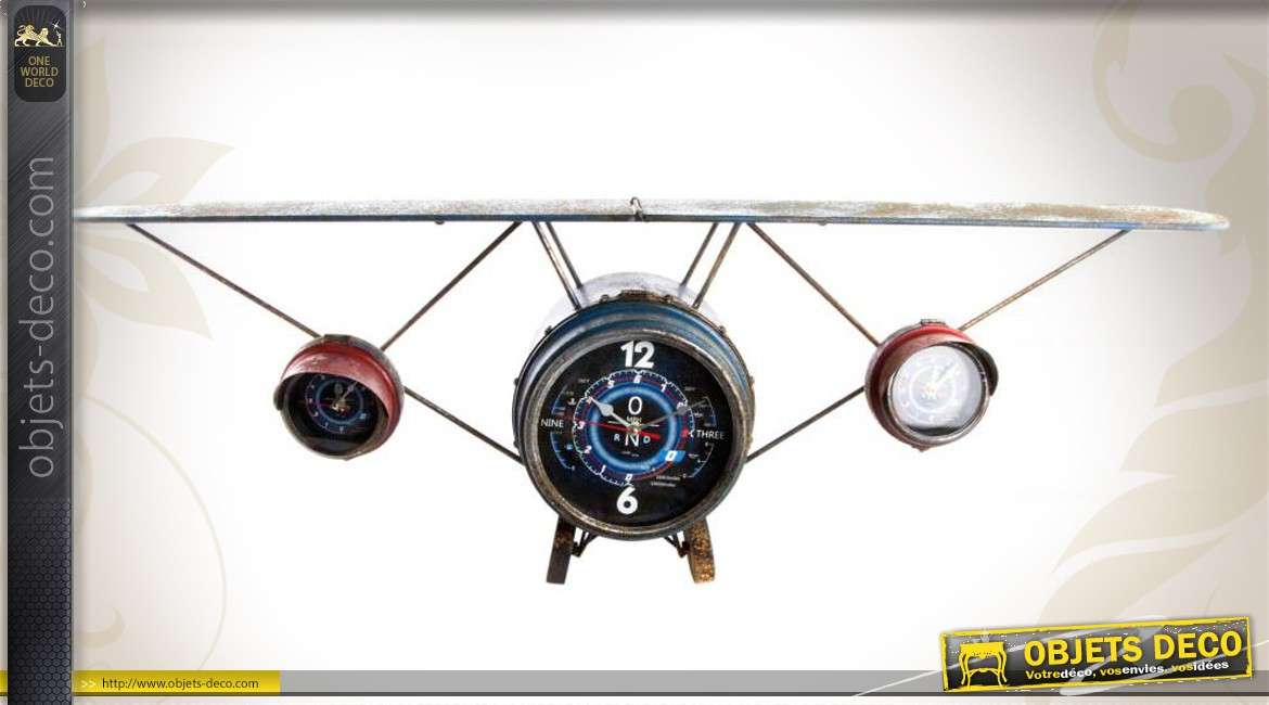 Horloge murale en forme d'avion avec étagère en métal