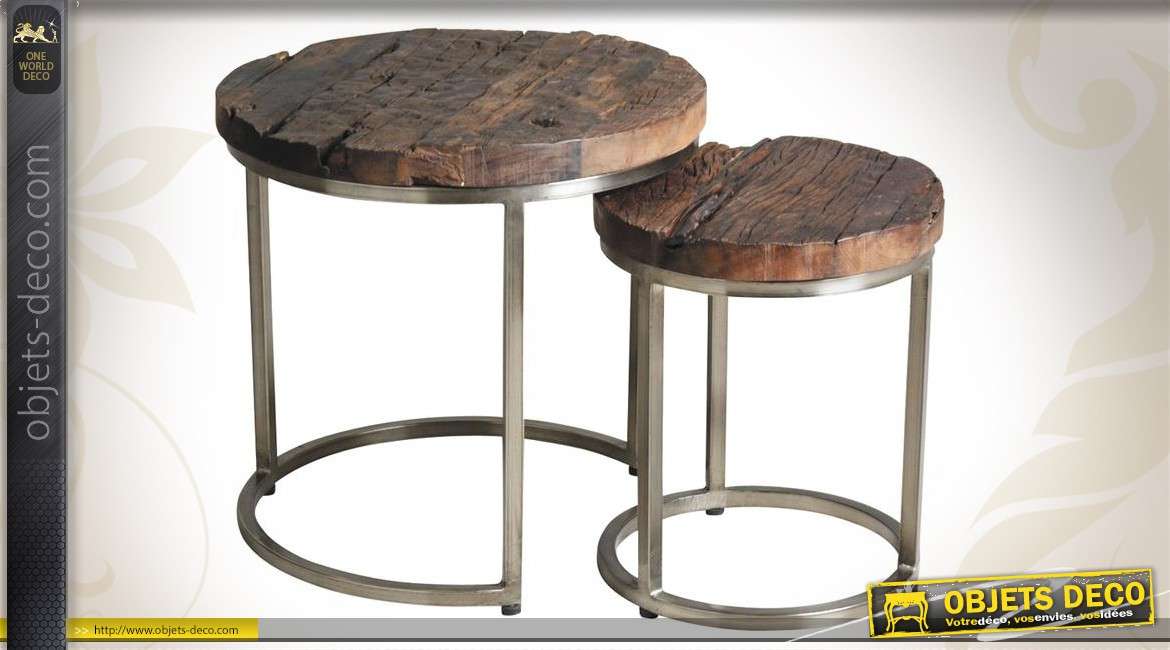 Série de 2 tables gigognes en métal et bois massif finition brute