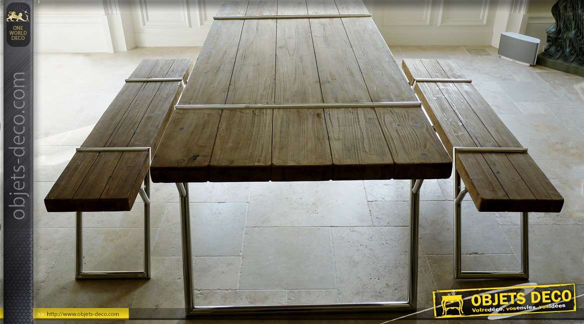 Table rustique design en bois massif et métal avec ses deux bancs