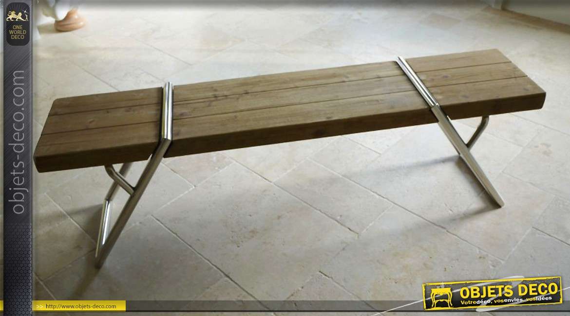 Table rustique design en bois massif et métal avec ses deux bancs