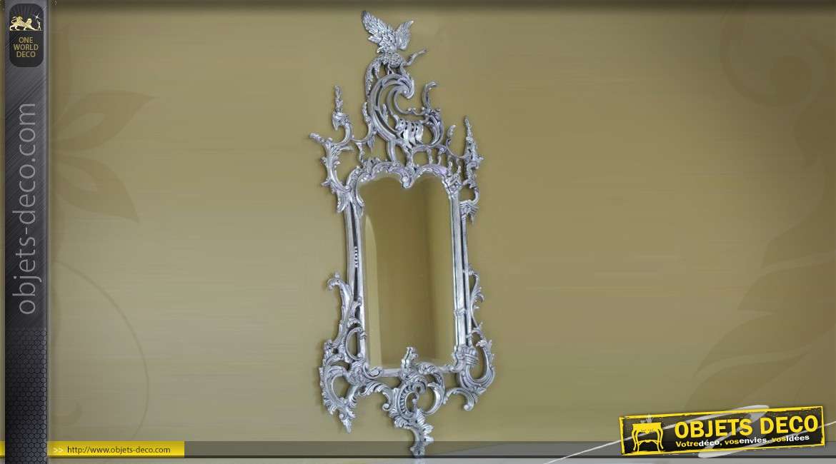 Grand miroir baroque en bois sculpté main patine argentée 143 cm