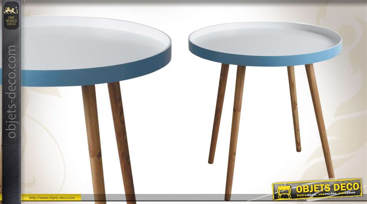 Petite table en bois avec plateau rond bicolore bleu et blanc