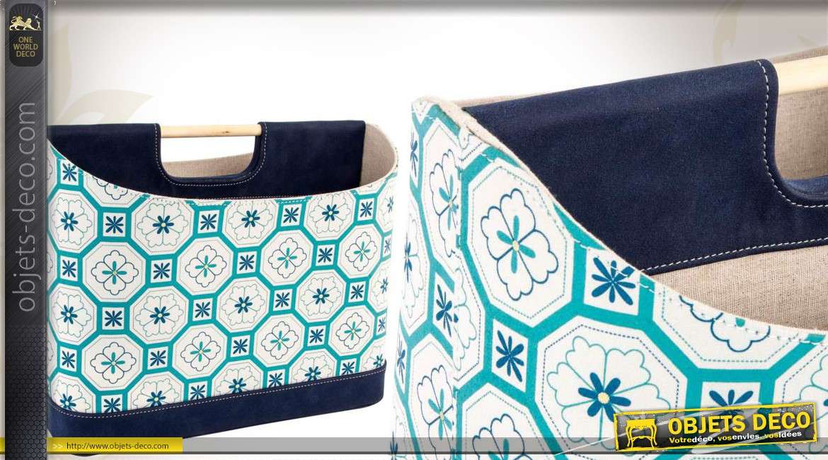 Porte-revues en lin et coton coloris bleu et blanc à motifs floraux