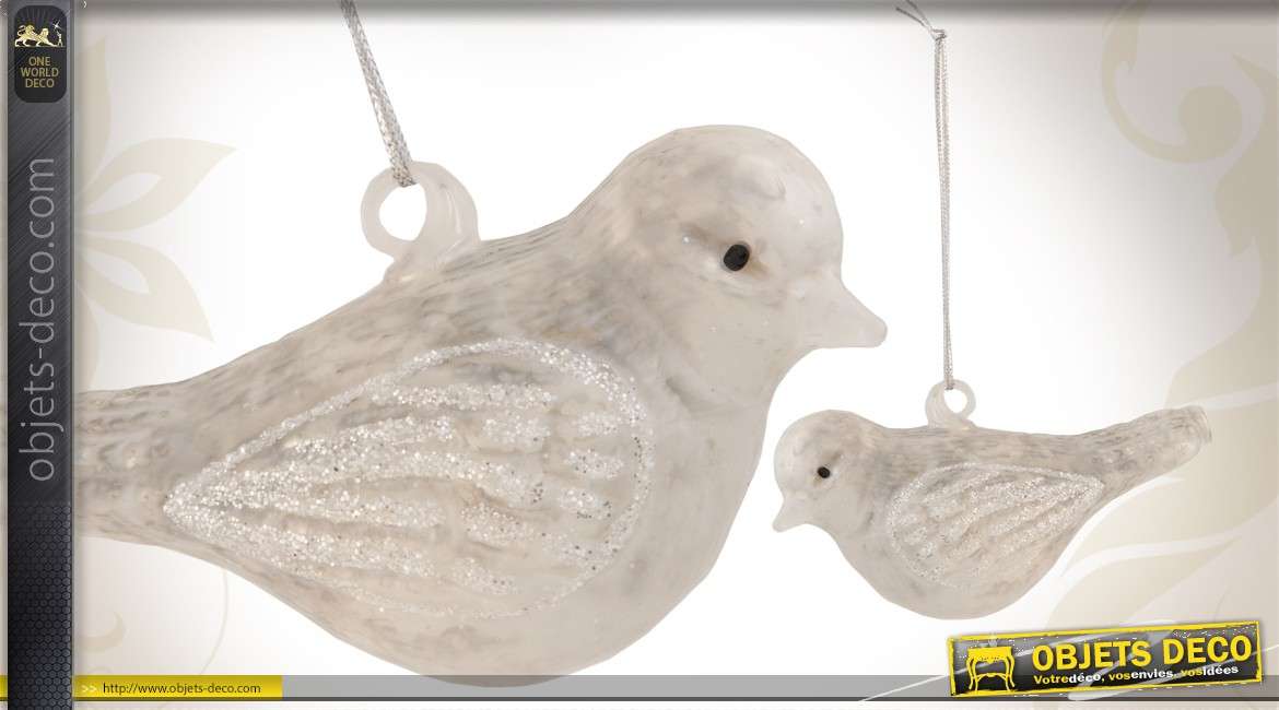 6 oiseaux décoratifs en verre coloris blanc à suspendre