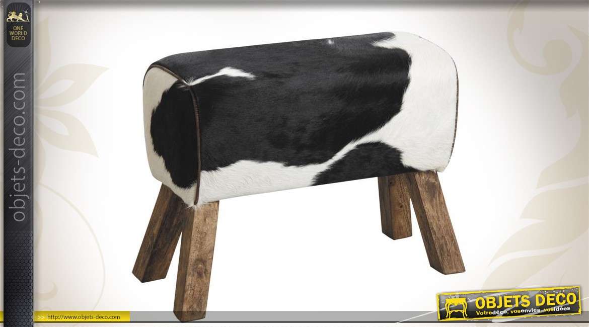 Tabouret mini-banc en bois et peau de vache