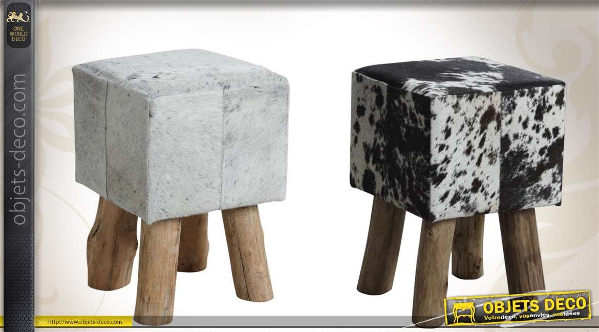 Tabouret en bois de forme carrée avec assise en peau de vache