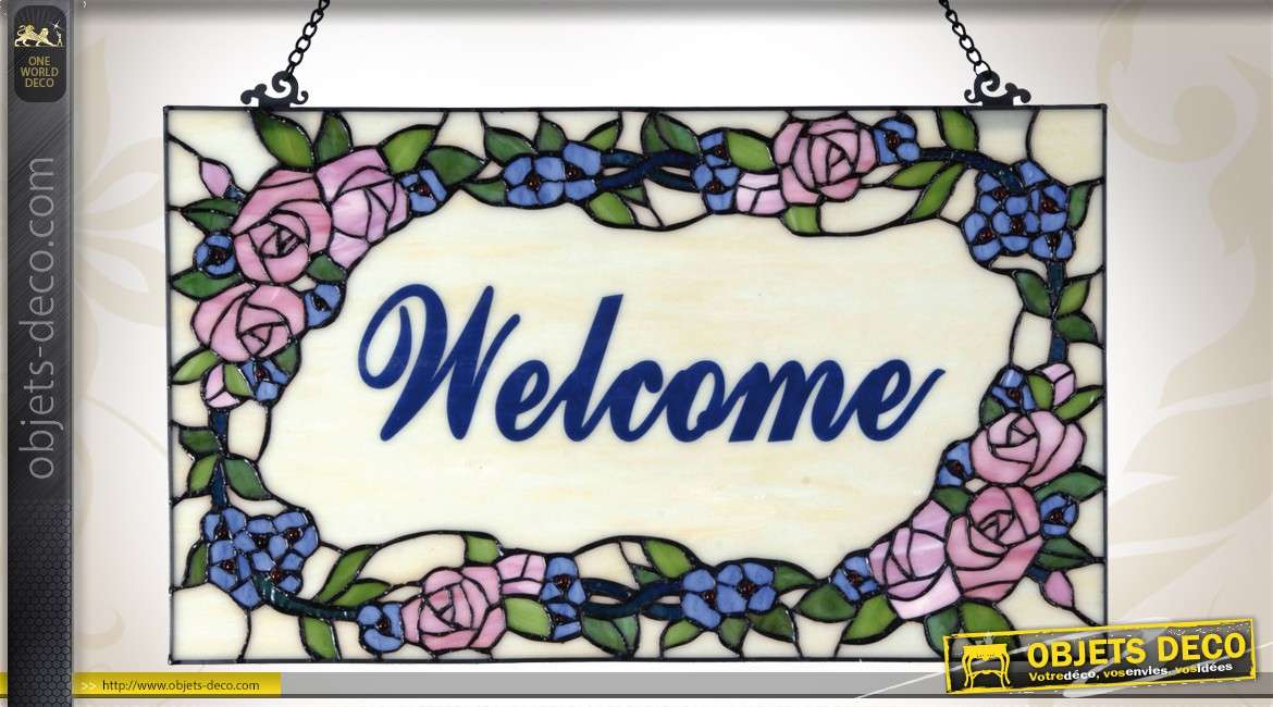 Vitrail Tiffany Welcome avec ornementation florale