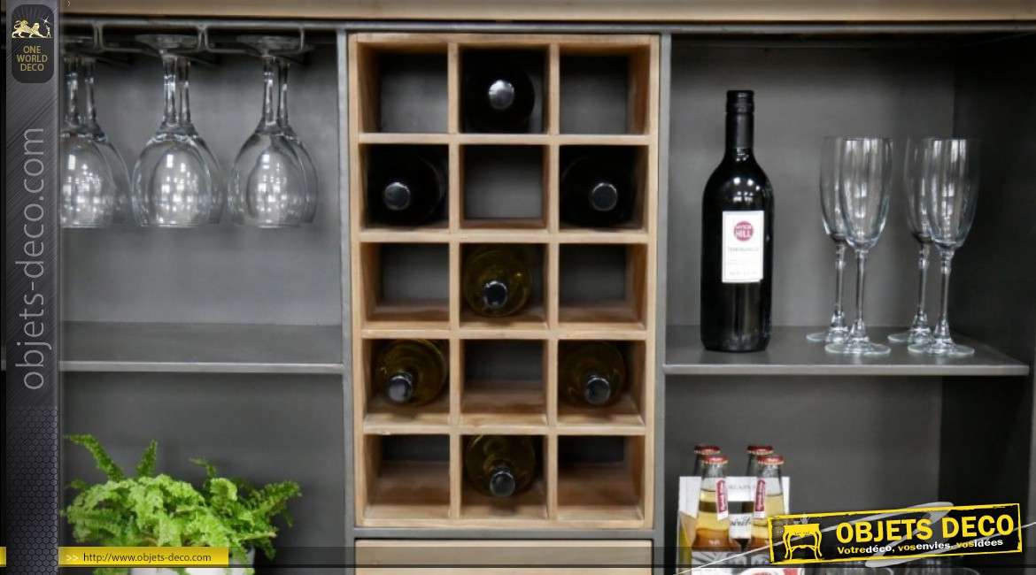 Meuble bar industriel en bois et  métal avec casier à vin central