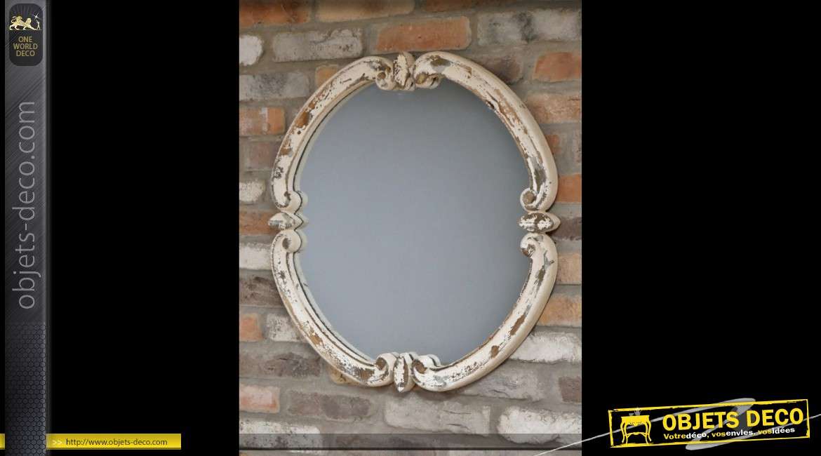 Miroir rond rustique en bois sculpté patine blanche vieillie Ø 68 cm