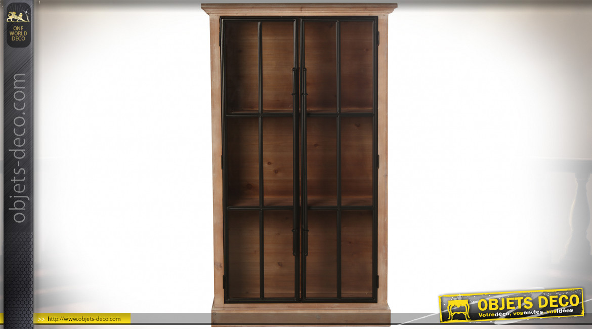 Meuble vitrine en métal et bois finition chêne oxydé (sapin + DM) 128 cm