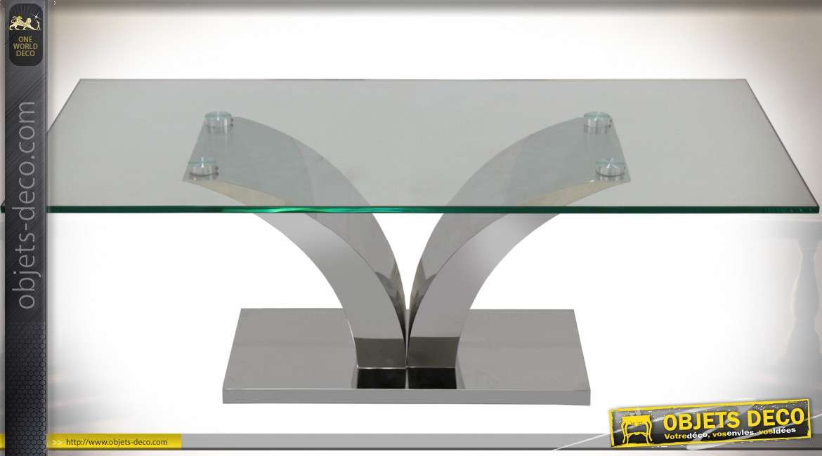 Table basse design en métal chromé avec plateau en verre 12 mm