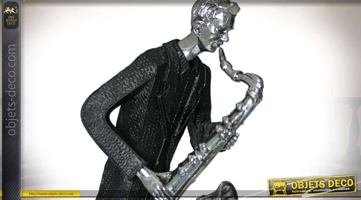 Statuette stylisée en résine noir et argent : le saxophoniste 47 cm