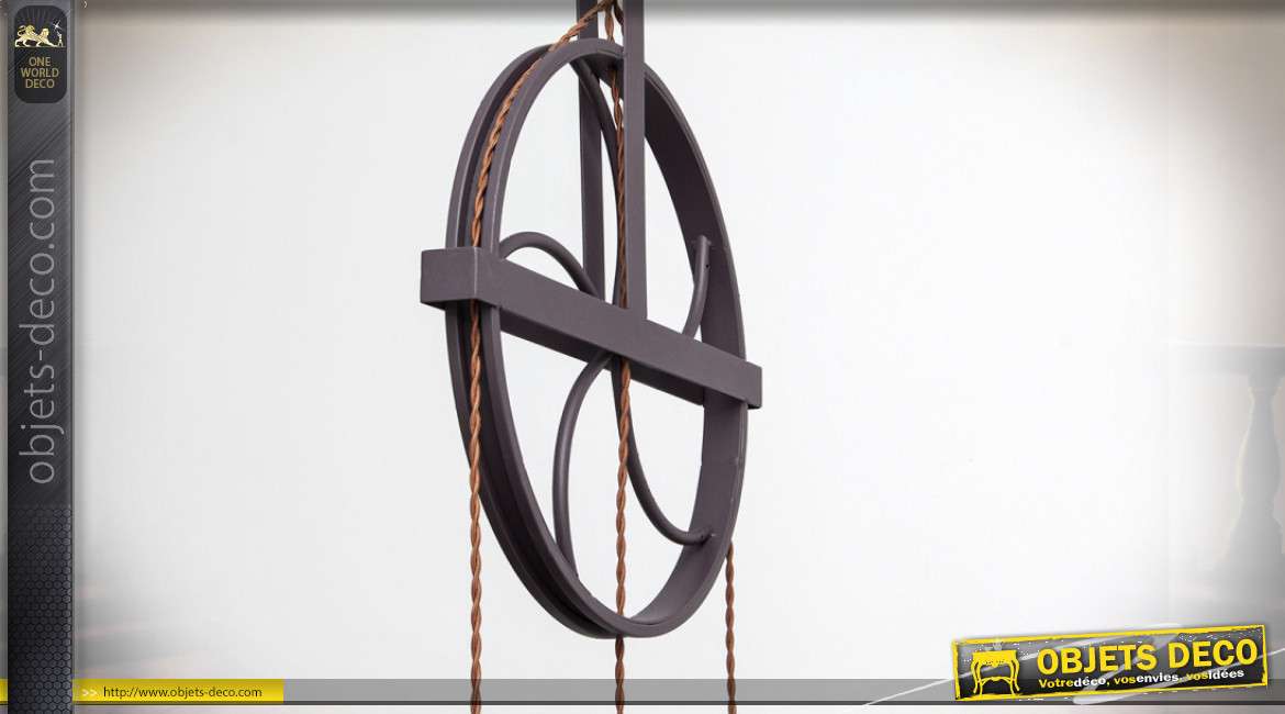 Suspension roue de poulie ancienne en métal avec trois réflecteurs  suspendus 200 cm