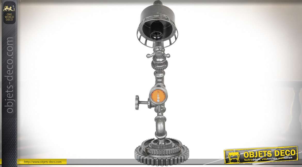 Lampe de table streampunk en métal argenté tuyauterie compteurs  et engrenages 48 cm