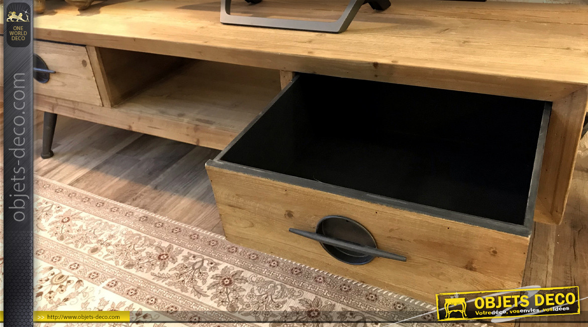 Meuble TV en bois de sapin et métal finition naturelle, 2 tiroirs, 140cm