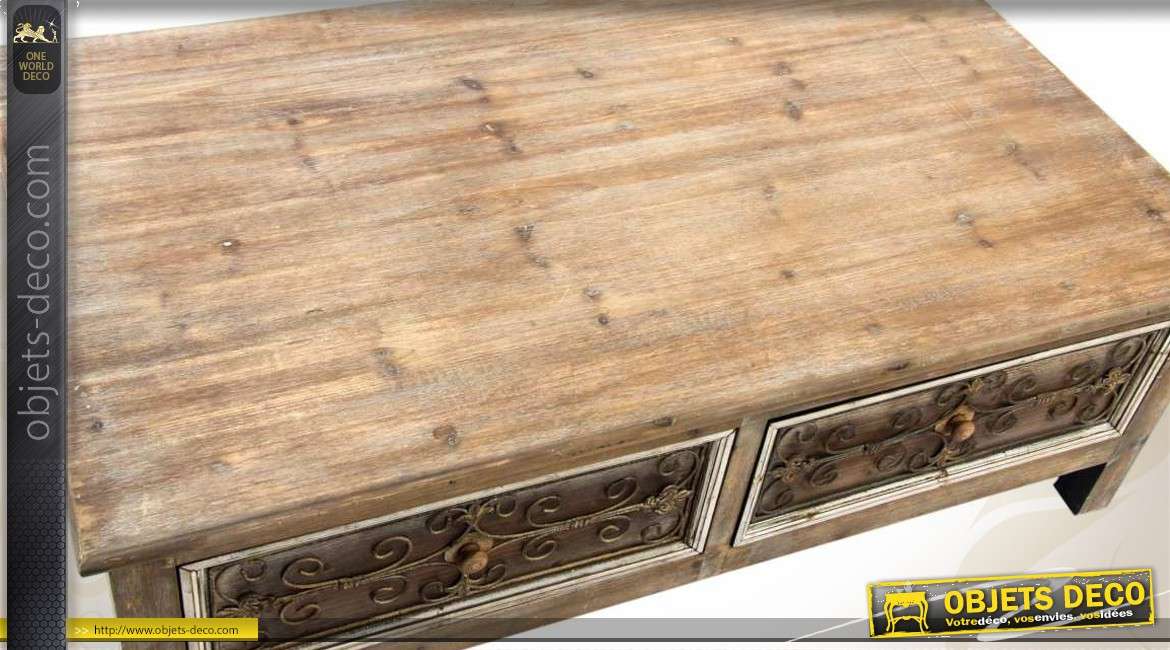 Table basse en bois de style ancien avec 4 tiroirs