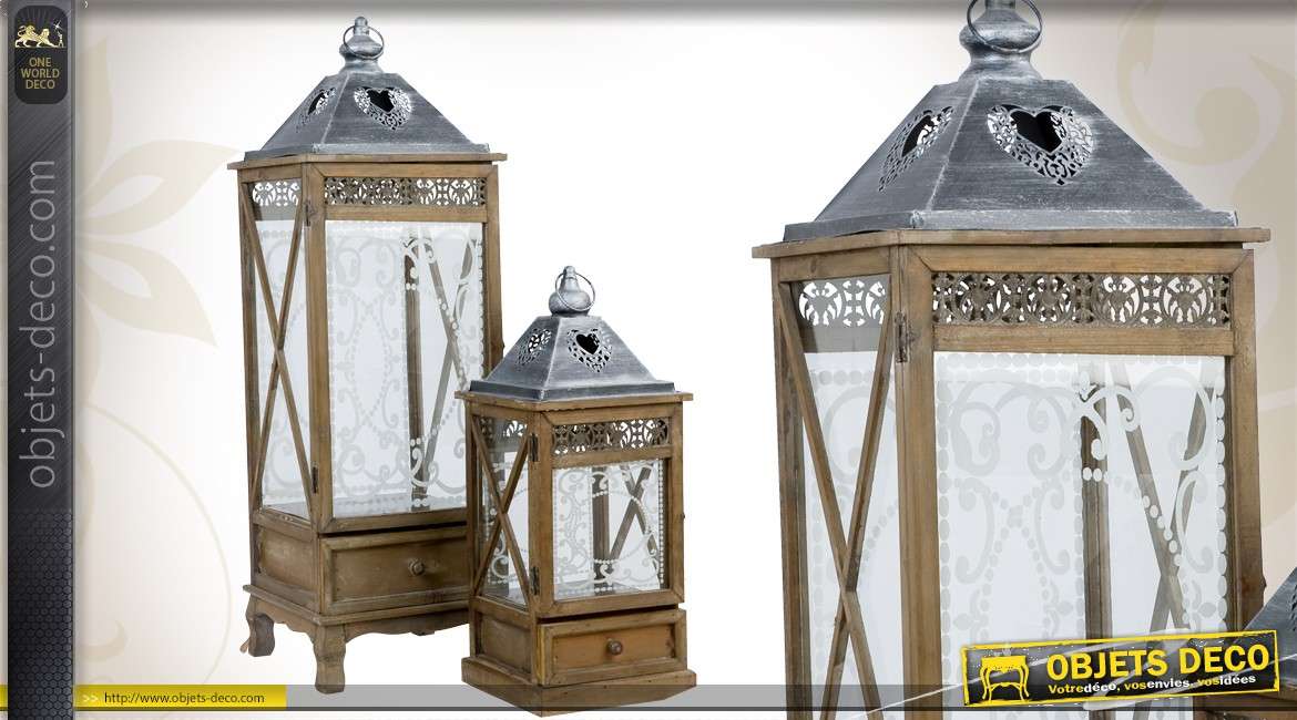 Série de 2 lanternes décoratives en bois vieilli, métal et verre