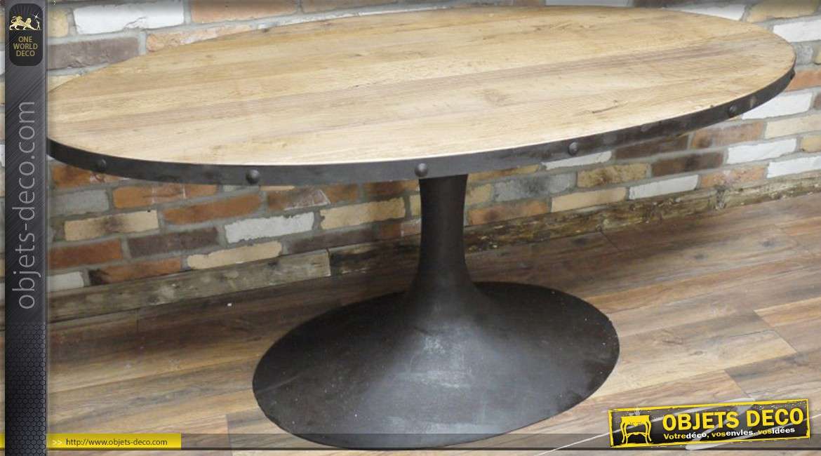 Table industrielle de forme ovale en bois et en métal