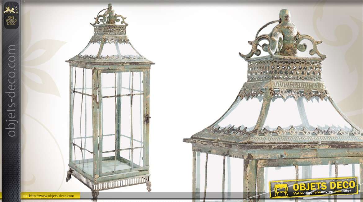 Grande lanterne décorative de style vintage en métal vieilli et en verre