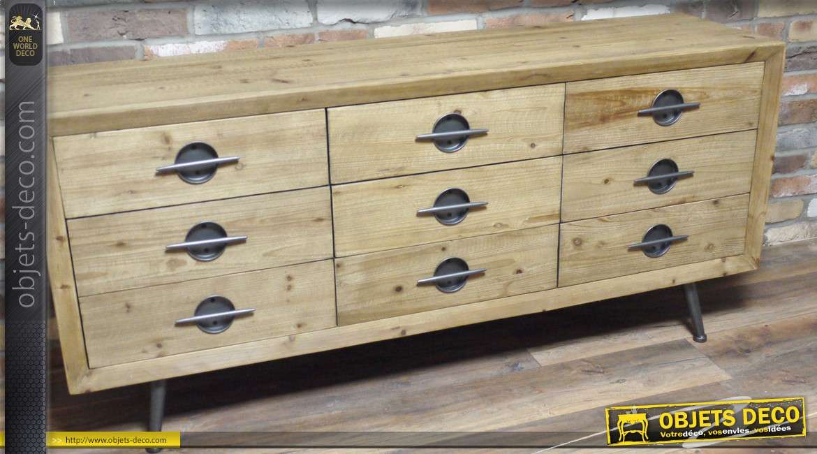 Commode en bois à 9 tiroirs de style indus vintage