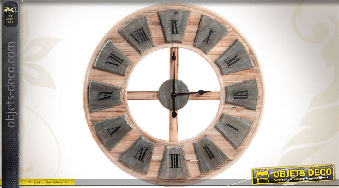 Horloge murale bois et métal coloris gris et bois naturel 80 cm
