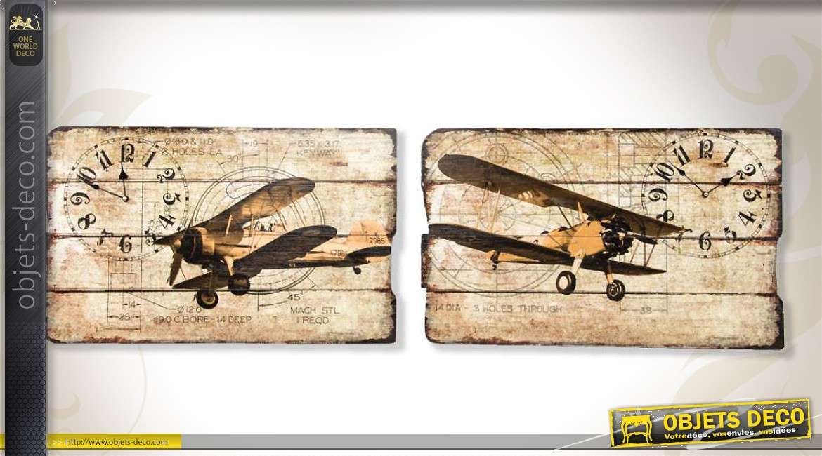 Tableaux sur bois effet vieilli d'anciens avions biplans 65 x 40 cm