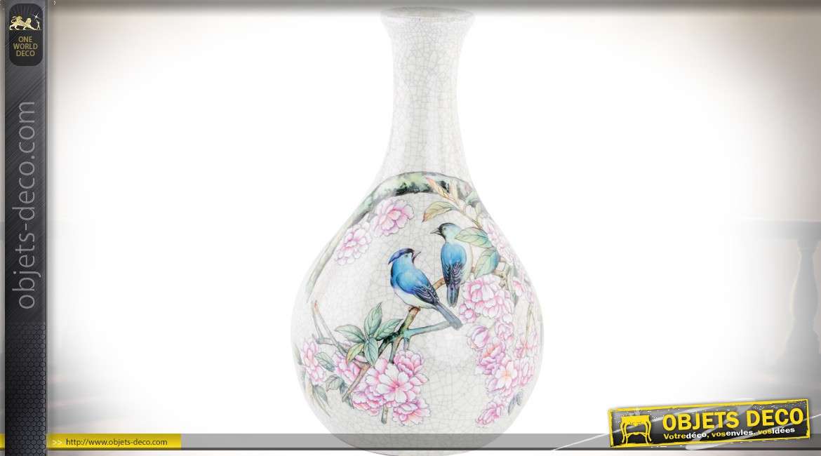 Vase en céramique craquelée oiseaux et fleurs 33 cm