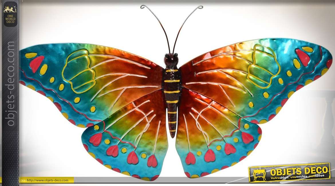 Décoration murale en métal : grand papillon multicolore 76 cm