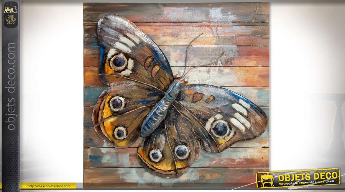 Déco murale bois et métal : grand tableau papillon 80 x 80 cm