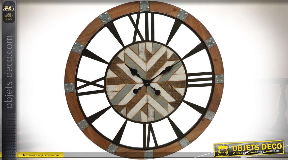 Horloge murale XXL Ø 80 cm forme roue de charette ancienne
