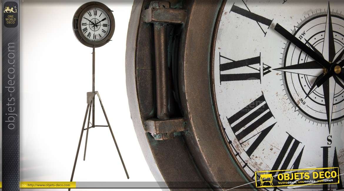 Horloge ronde rétro et indus sur trépied métal 160 cm
