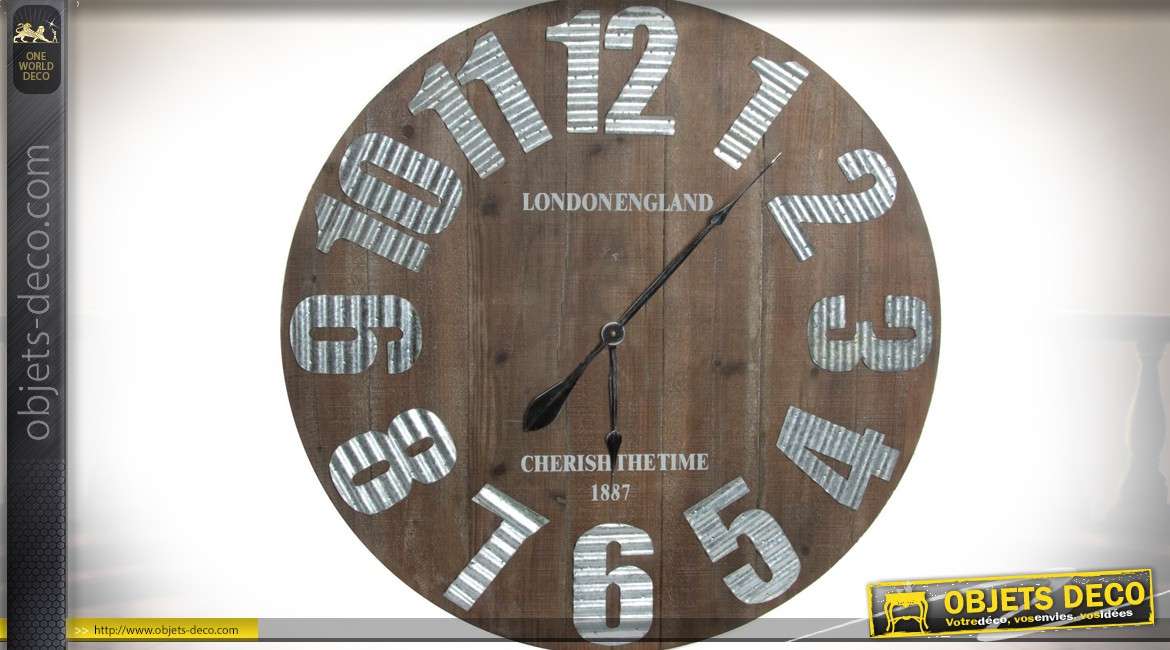 Horloge géante bois recyclé et métal aspect tôle ondulée Ø 80 cm