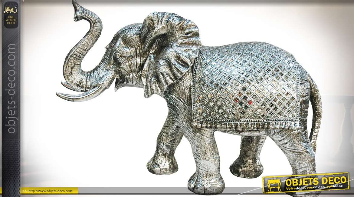 Grande statuette d'éléphant 70 cm finition chromée et miroirs