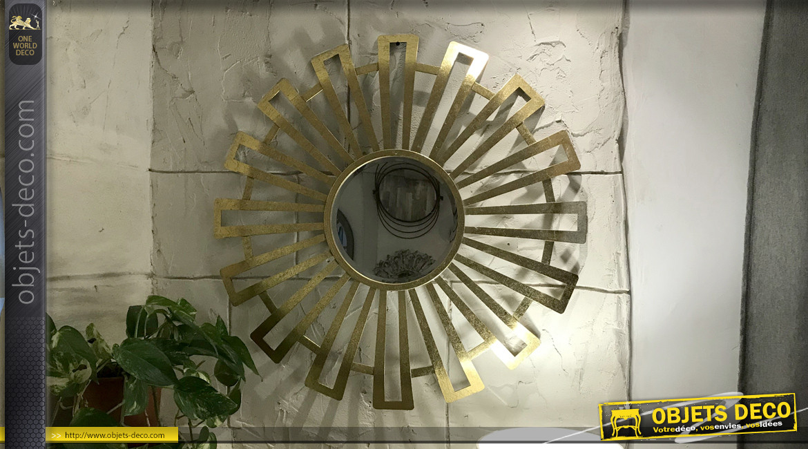 Miroir de déco murale en métal esprit soleil finition doré cuivré, Ø80cm