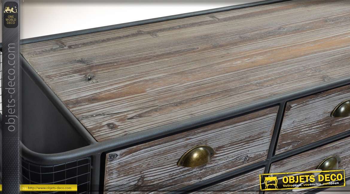 Meuble TV en bois et métal de style industriel avec 6 tiroirs