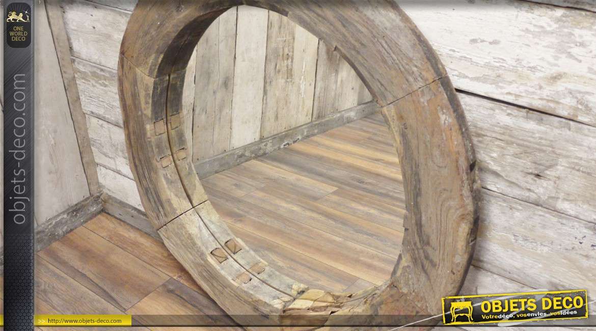 Grand miroir rond rustique en bois recyclé massif Ø 110 cm