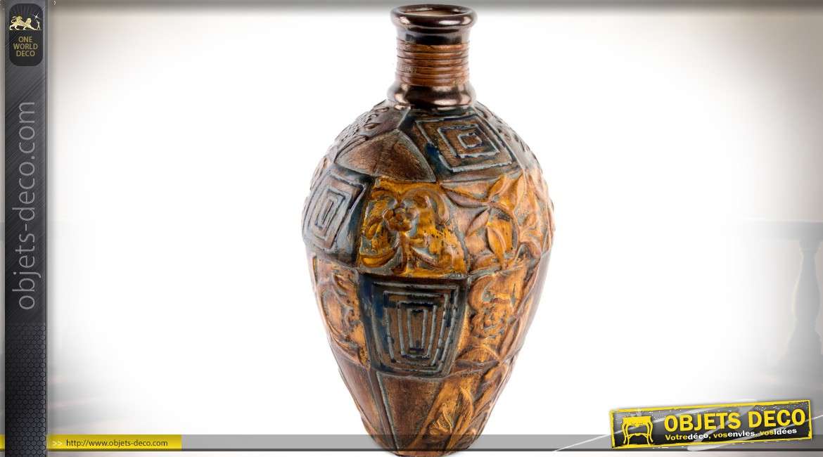 Vase en céramique coloris brun et doré à motifs en relief 40 cm