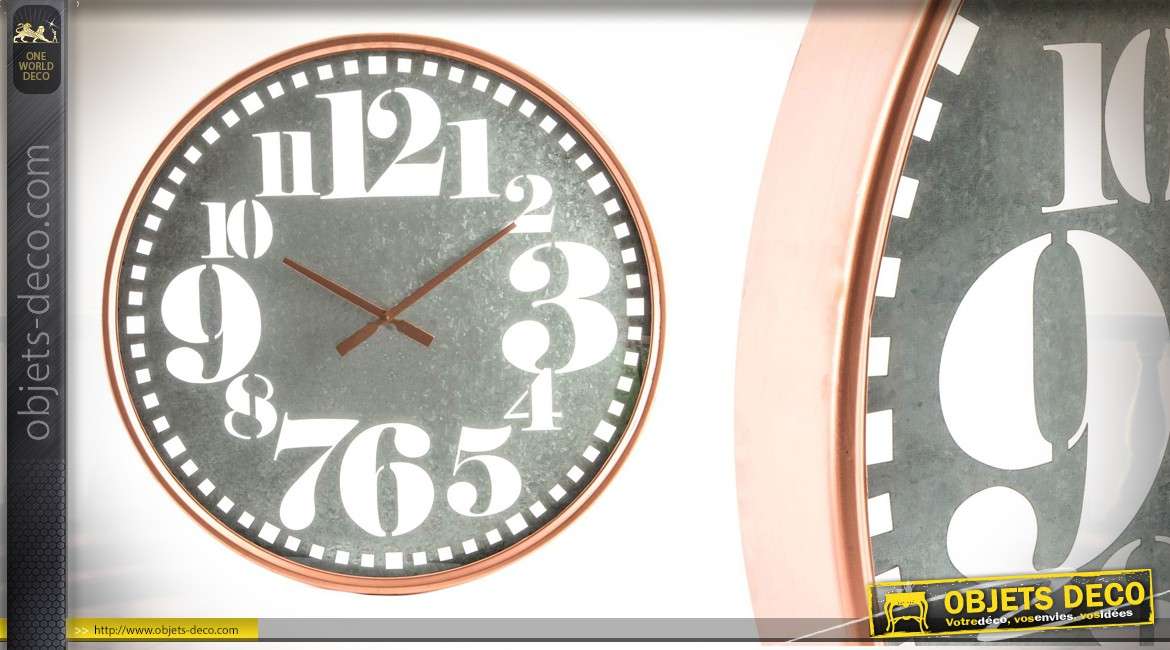 Horloge en métal de 67cm en métal gris et couleur cuivre brossé