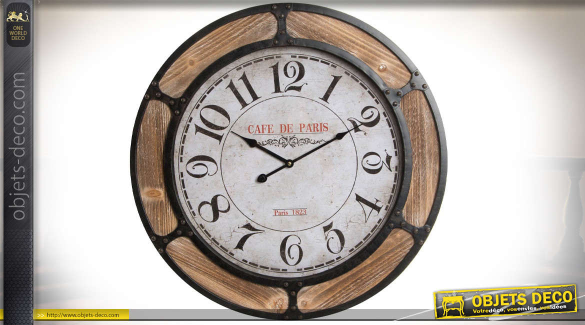 Horloge en bois et métal brillant de 40 cm style industriel