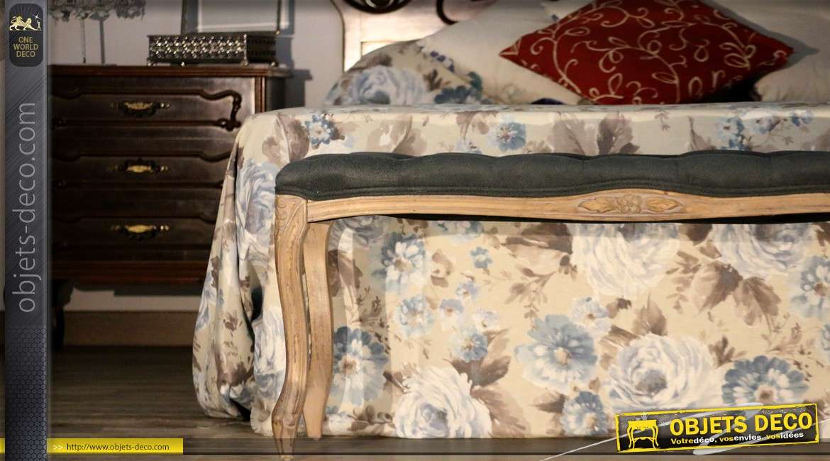 Banquette bout de lit de style Louis XV tissu gris foncé capitonné