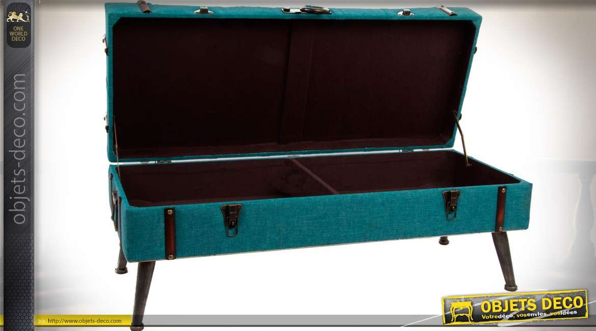 Bout de lit banquette-coffre en tissu capitonné coloris turquoise
