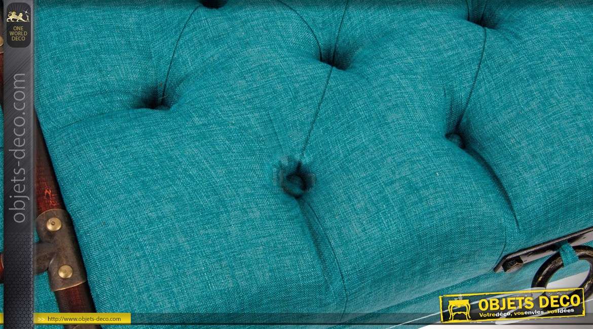 Bout de lit banquette-coffre en tissu capitonné coloris turquoise
