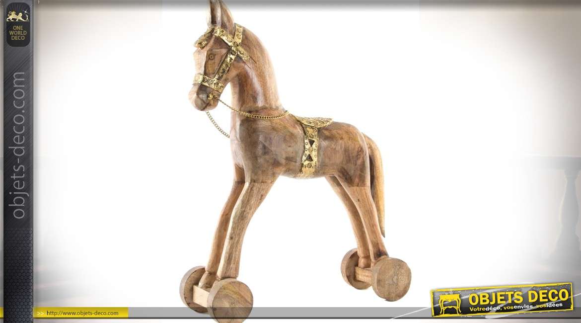 Grande statuette de jouet ancien : cheval de bois sur roulettes 50 cm