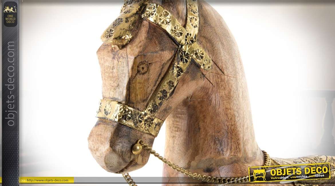 Grande statuette de jouet ancien : cheval de bois sur roulettes 50 cm