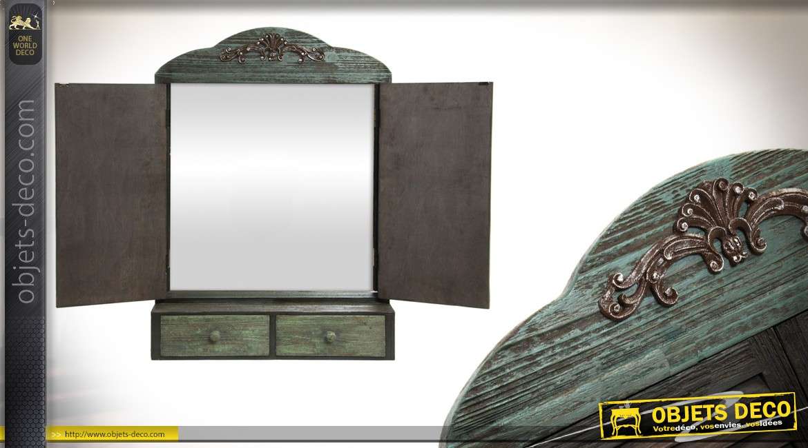 Miroir en bois avec étagère et deux tiroirs de 89 cm